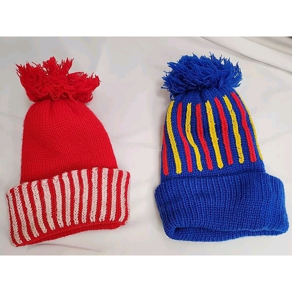 VTG 1970s Nobility 100% Acrylic Yarn Beanie One Size Red And Blue Qty 2! Nice!